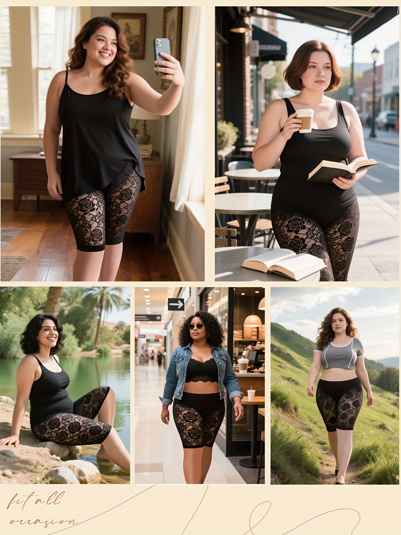 Plus Size Women's Lace Trim High-Waisted Shorts Black Floral Breathable