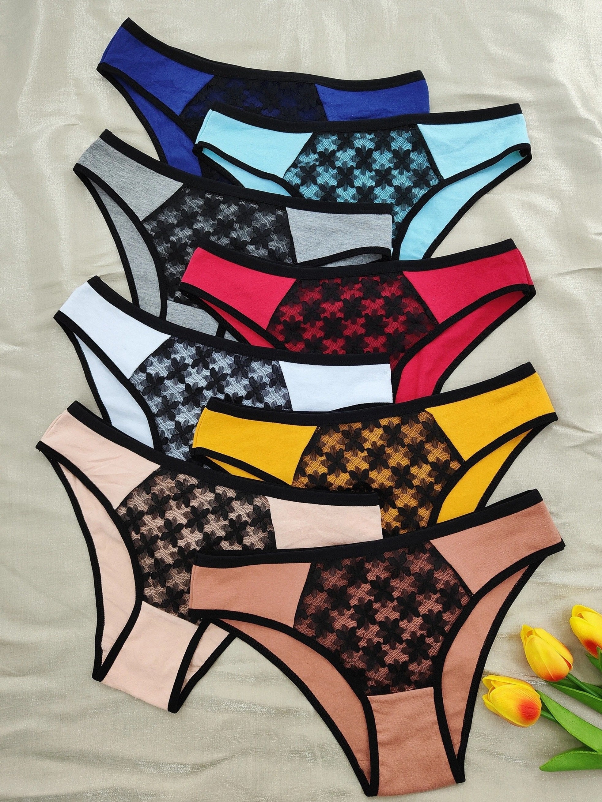 Conjunto de 8 braguitas de mujer de cintura baja con jacquard y bloques de color, ropa interior cómoda