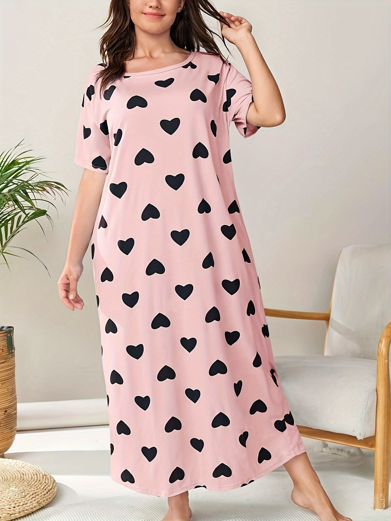 Women's Plus Size Heart Print Short Sleeve Sleep Dress