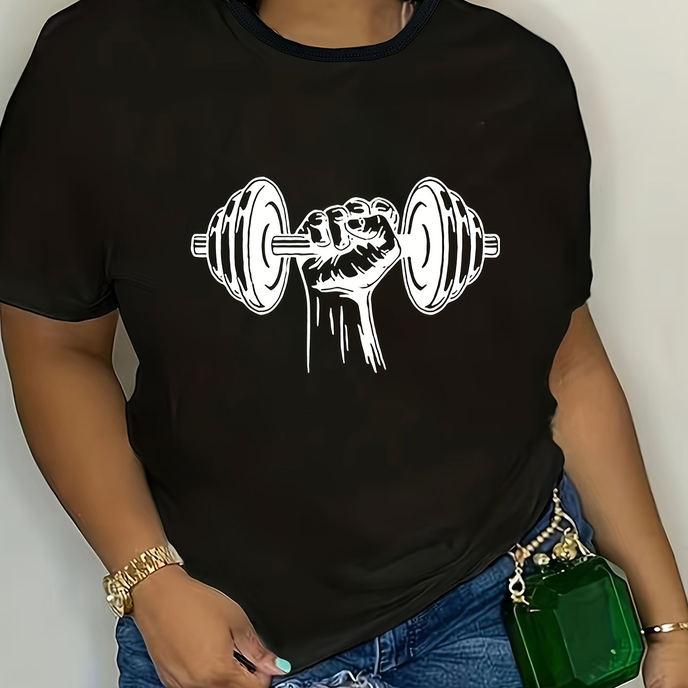 Plus Size Women's Black Graphic Dumbbell T-Shirt Sporty Workout Tee