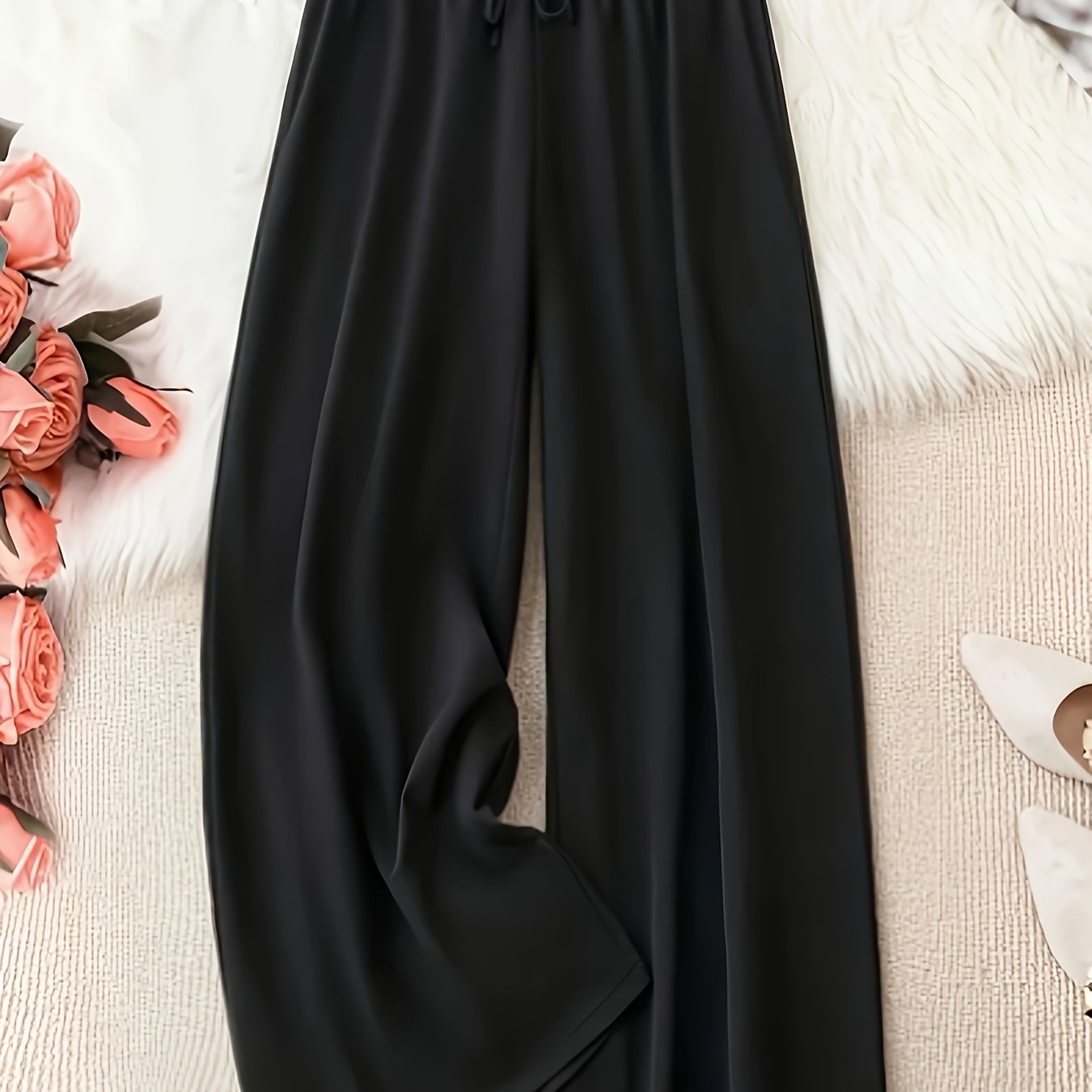 Women's Plus Size Wide Leg Pants with Faux Drawstring Black High Rise