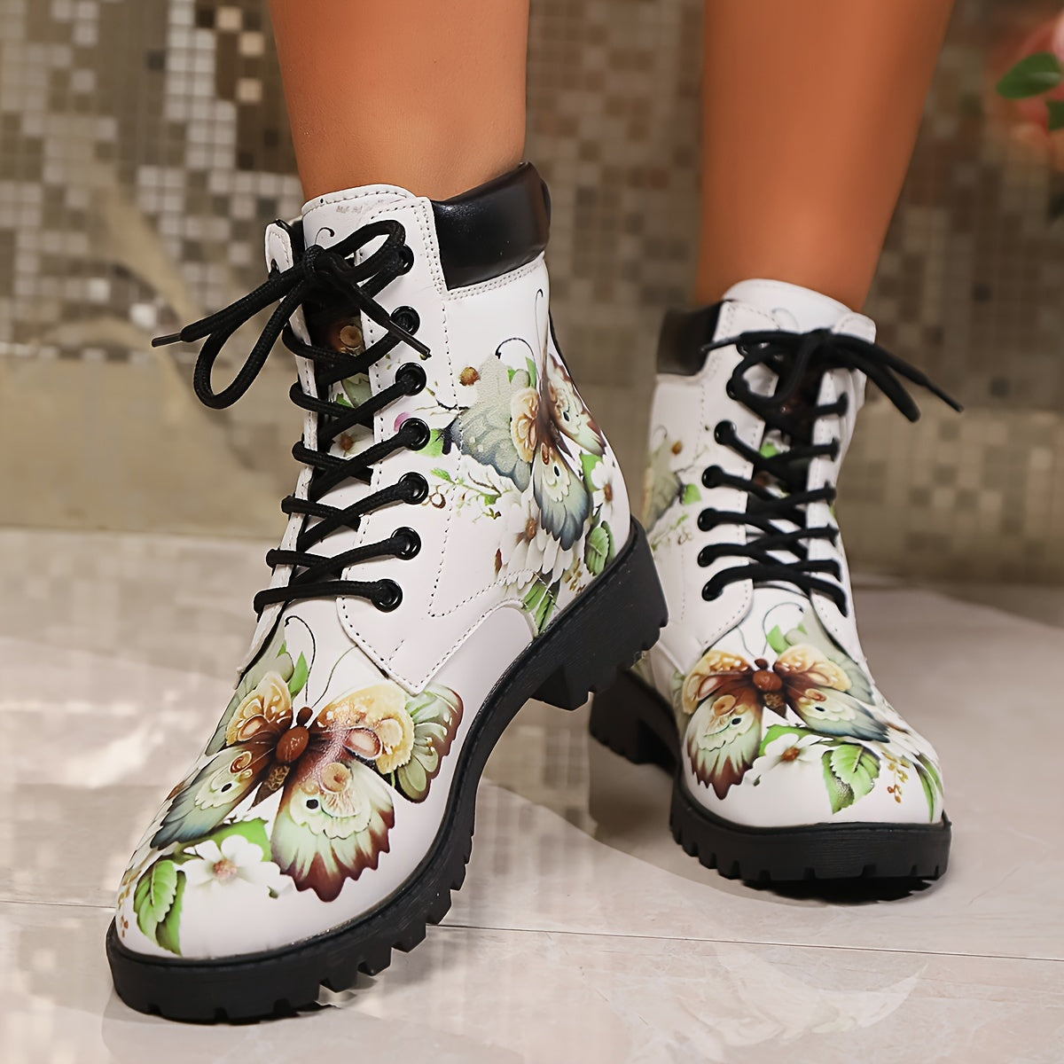 Women’s Western Ankle Boots Floral Insect Print Non-Slip Cushioned Yellow Black