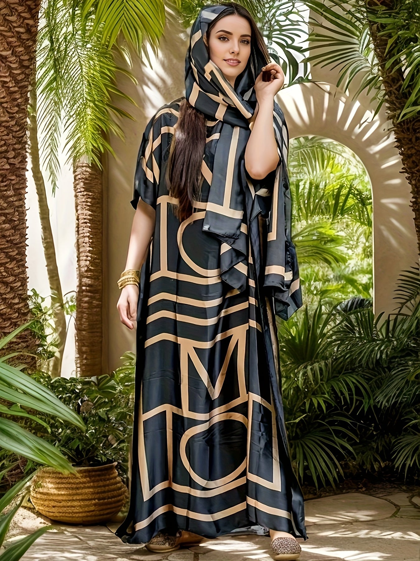 Plus Size Geometric Pattern Robe Dress with Black and Gold Tones for Women