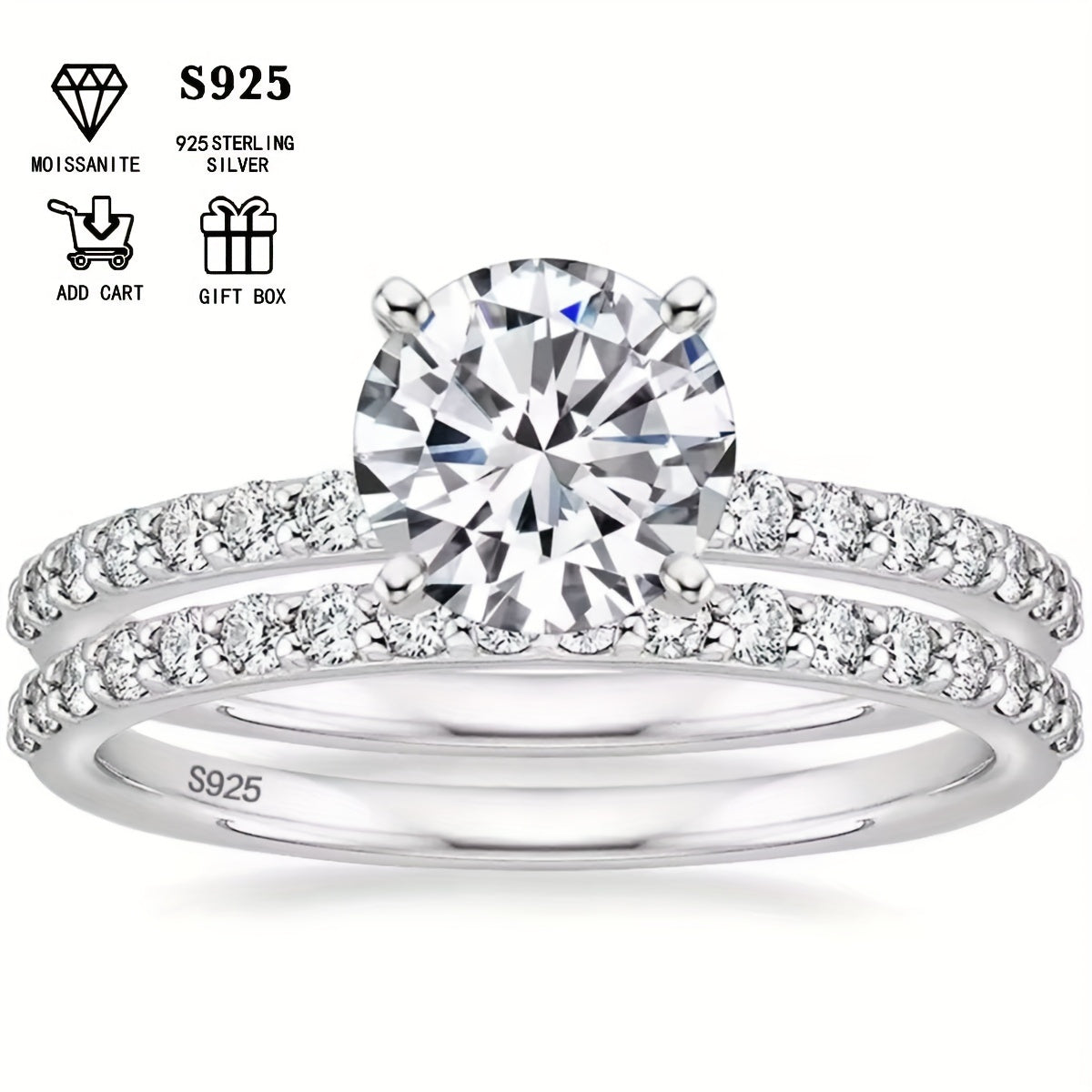 Luxury Silver S925 Stacking Ring with 2ct Moissanite for Women