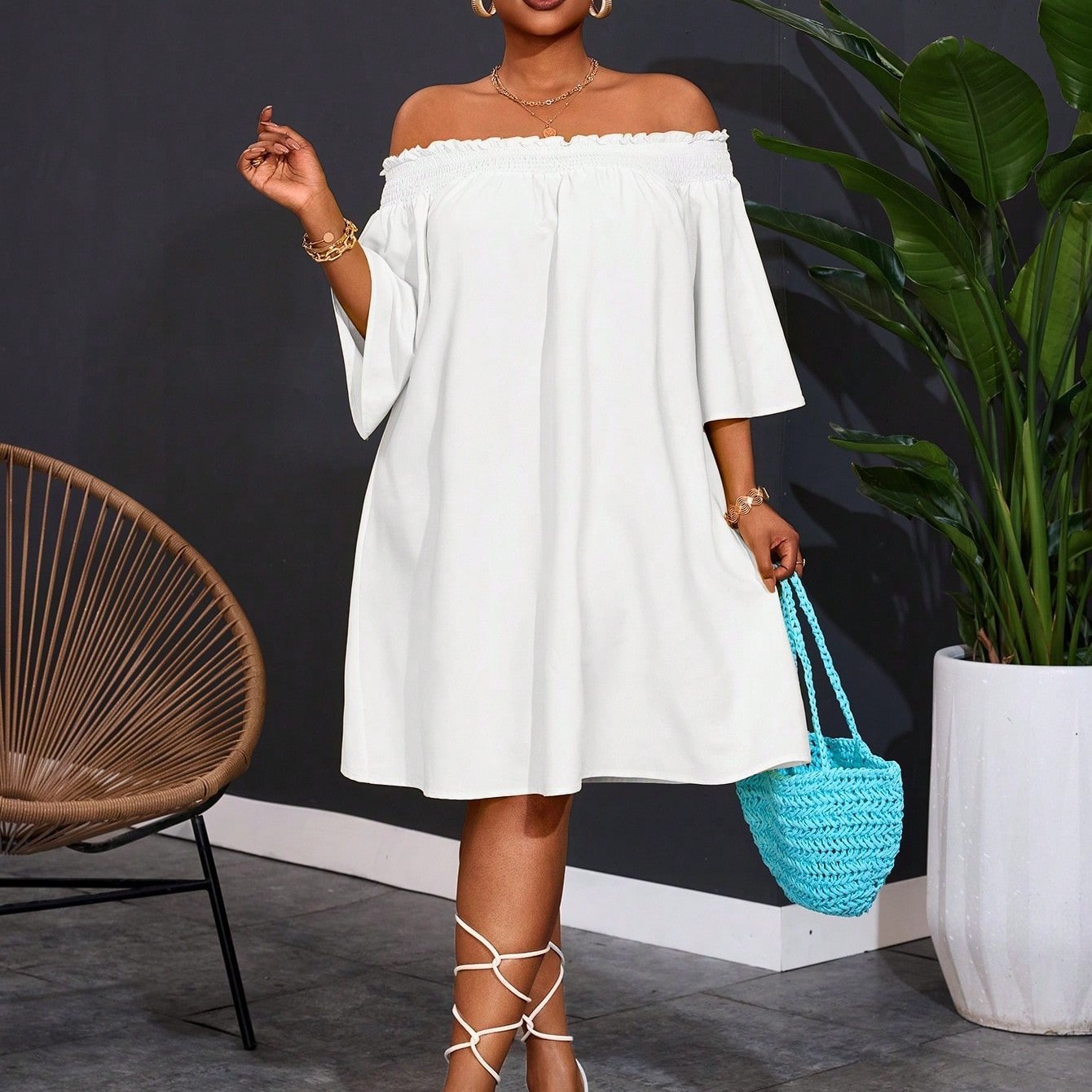 Plus Size Womens Off Shoulder Flared Hem Party Dress Yellow Casual Summer