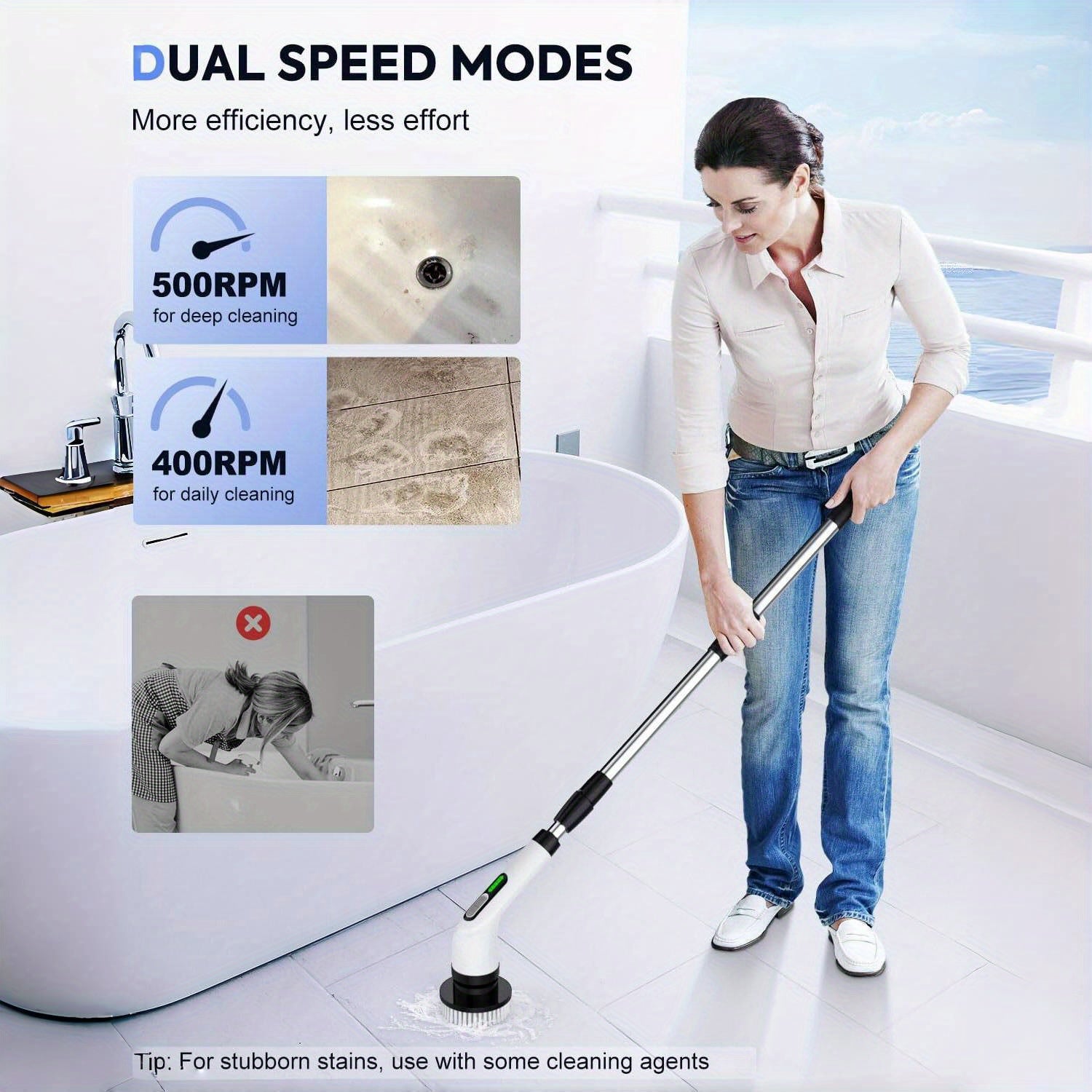 10 ta cho'tka bilan simsiz elektr spin scrubber, ikki tezlik, qayta zaryadlanadigan batareya, hammom plitkasi va avtomobil tozalash uchun