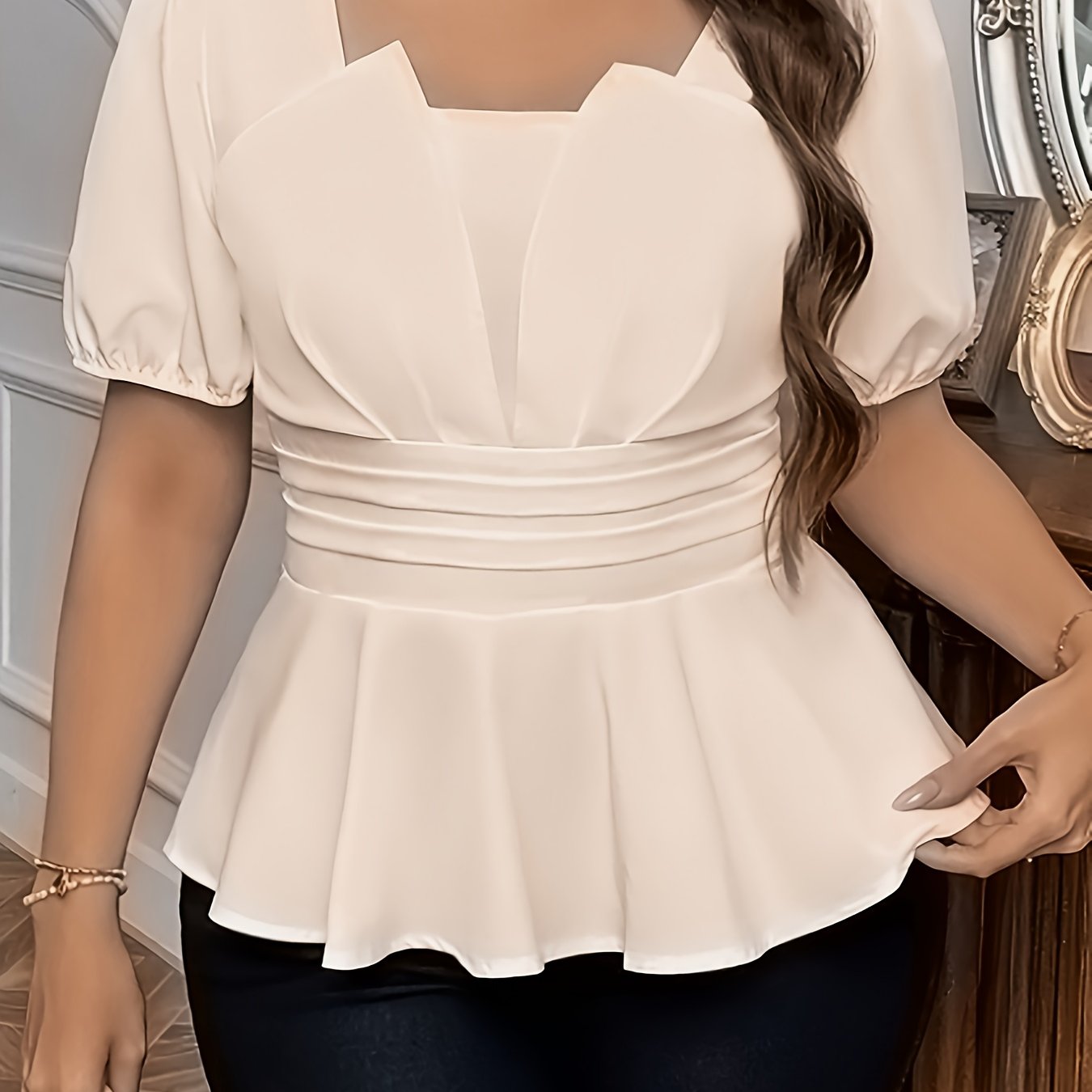 Plus Size Women's Blouse Short Sleeve Square Neck Soft Pink Flowy Top