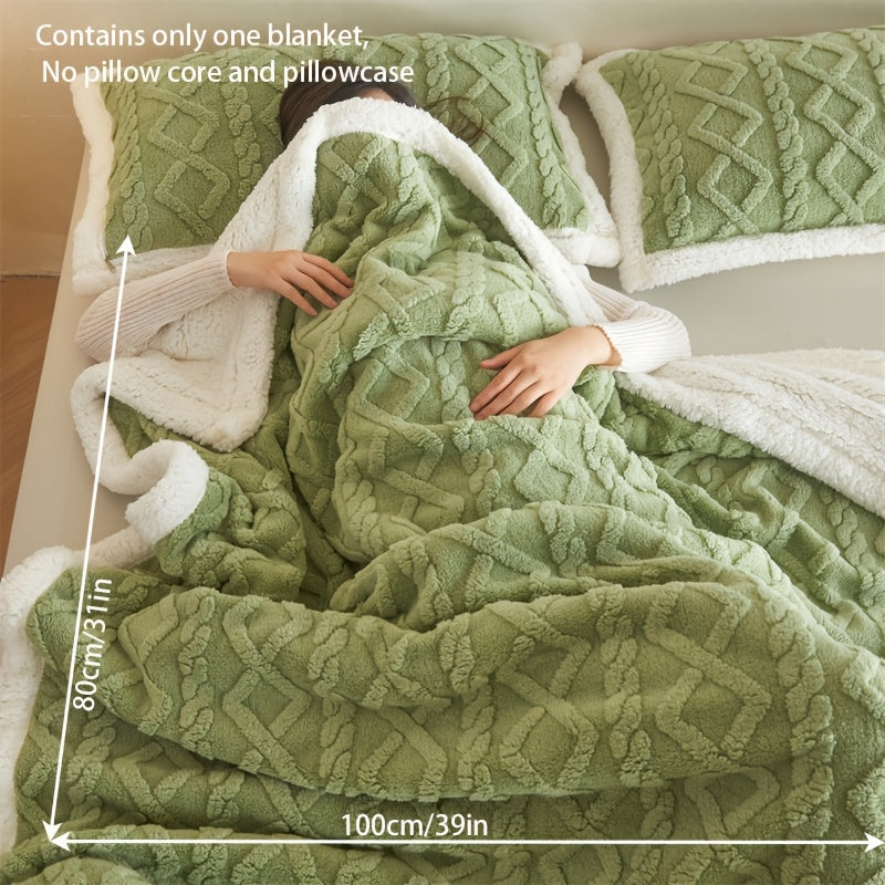 Luxurious Green Double-Layer Taffeta Fleece Blanket with Lamb Velvet and Cuff for All Seasons