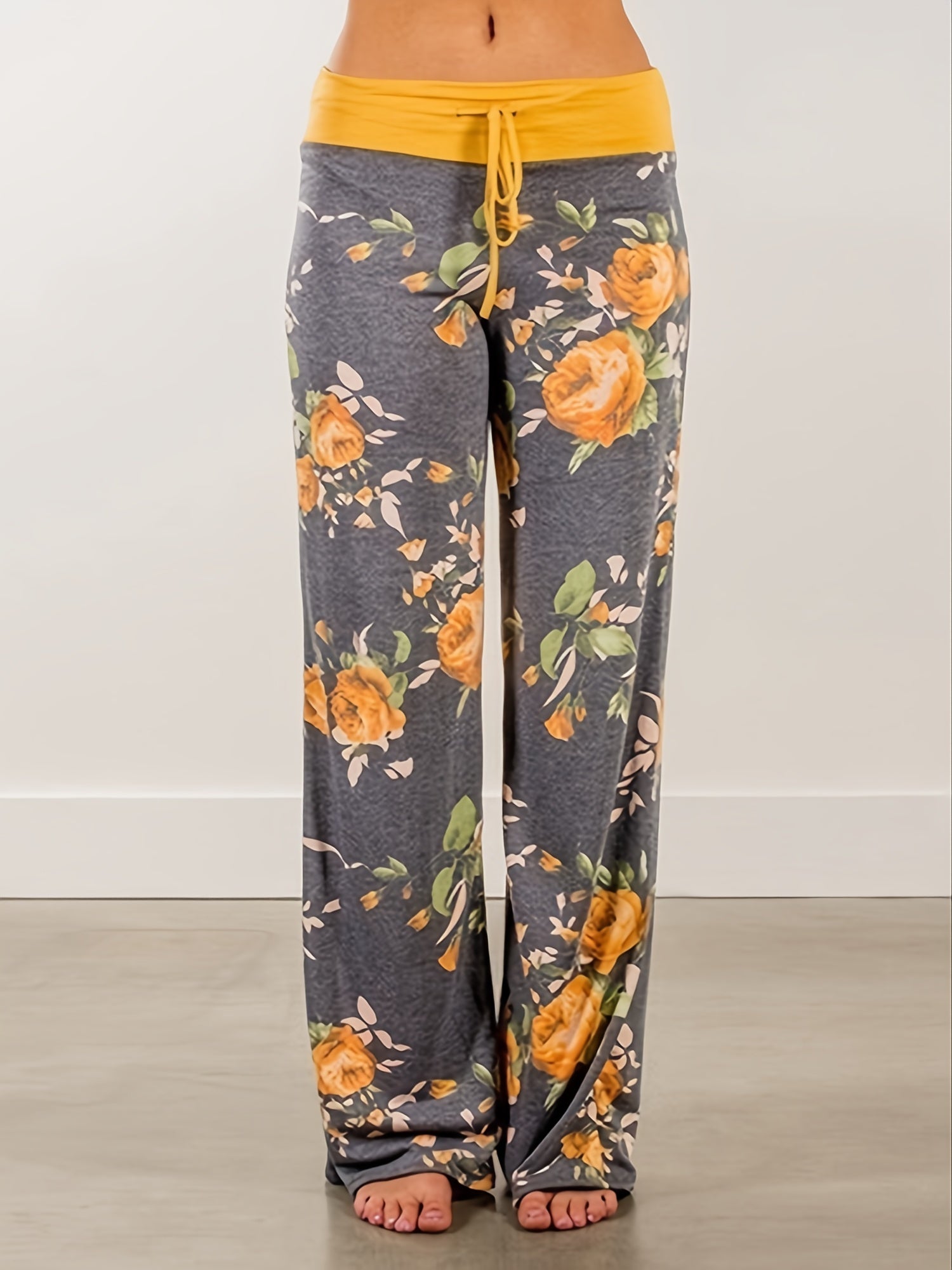 Women's Plus Size Floral Print Wide Leg Lounge Pants with Drawstring