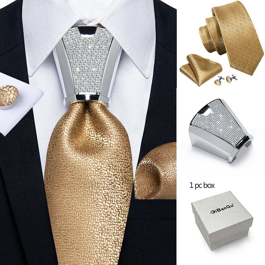 Men's Business Accessory Set with Silver Ring Cufflinks and Handkerchief