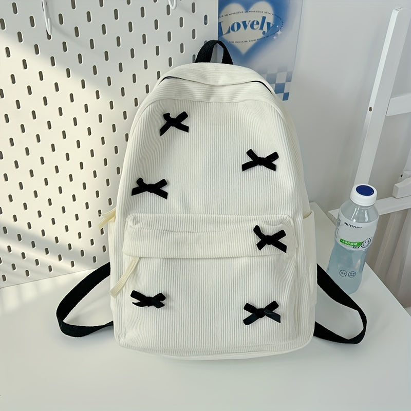 Gran capacidad de corduroy con lazo decoración mochila casual para uso diario