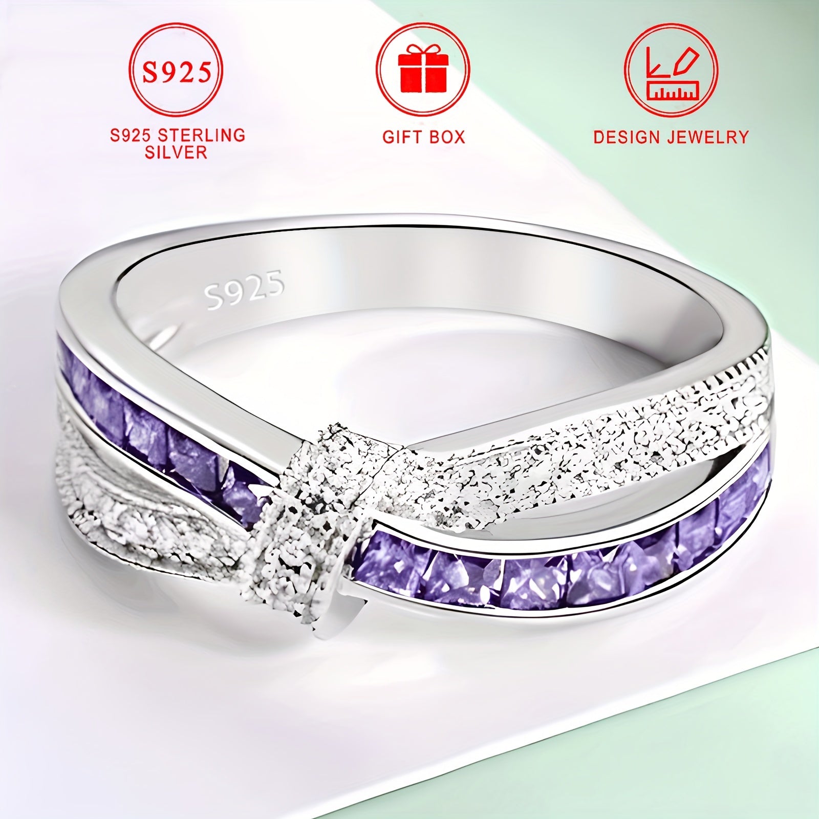 Sterling Silver Cross Bow Ring with Purple Zirconia and Colorful Stones