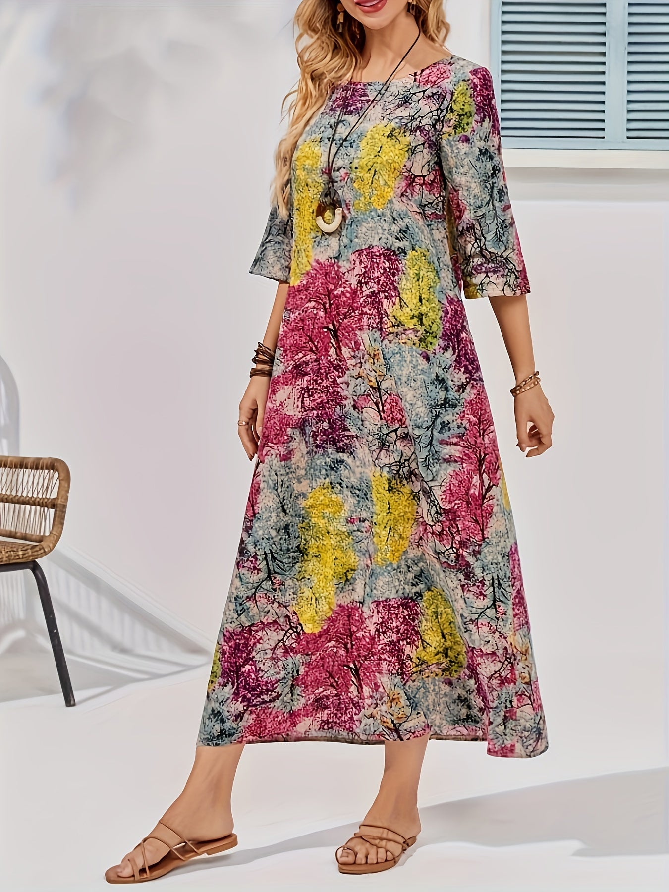 Vestido midi de tamaño grande con estampado geométrico y bolsillos para mujer, casual, verano y otoño