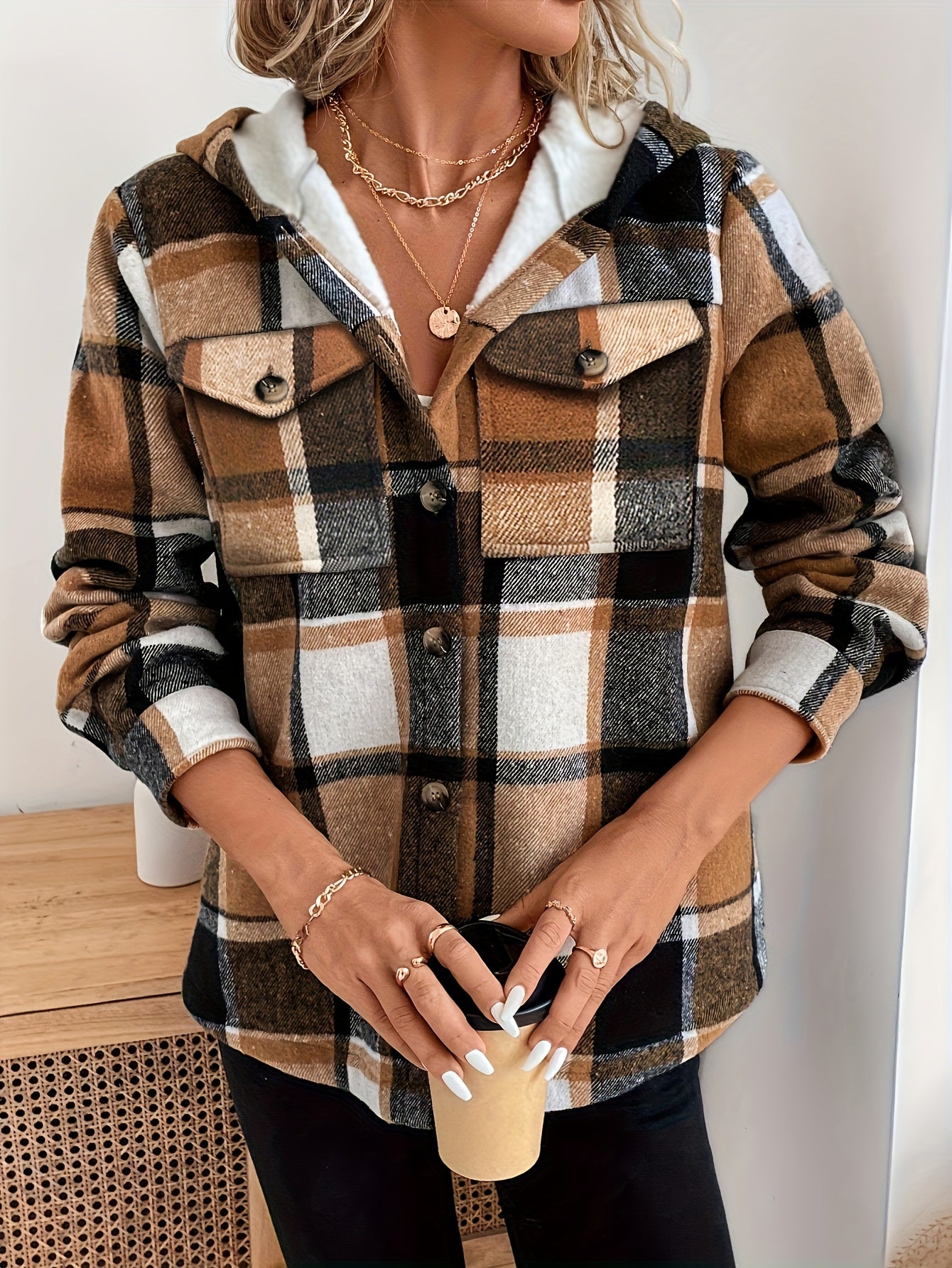 Women's Casual Hooded Plaid Fleece Lined Polyester Jacket