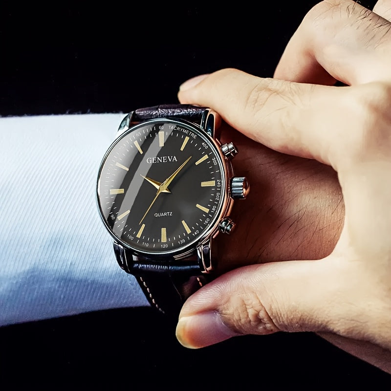 Men's Quartz Watch Alloy Case Faux Leather Strap Round Dial Anti-Seismic Business Wear