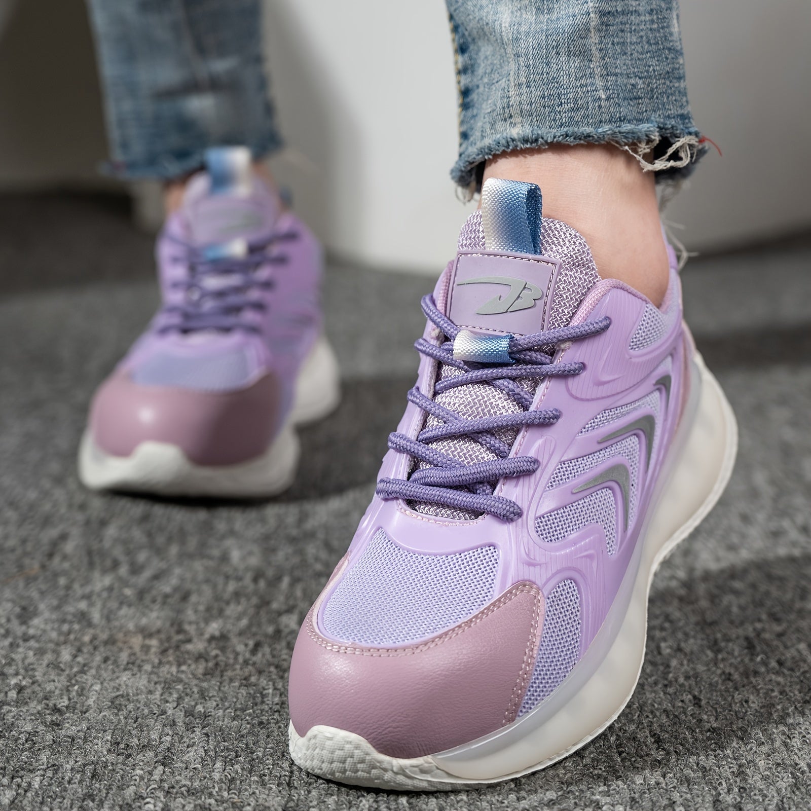 Women's Anti-Slip Breathable Fabric Work Sneakers Rubber Sole Casual Shoes Black Lavender