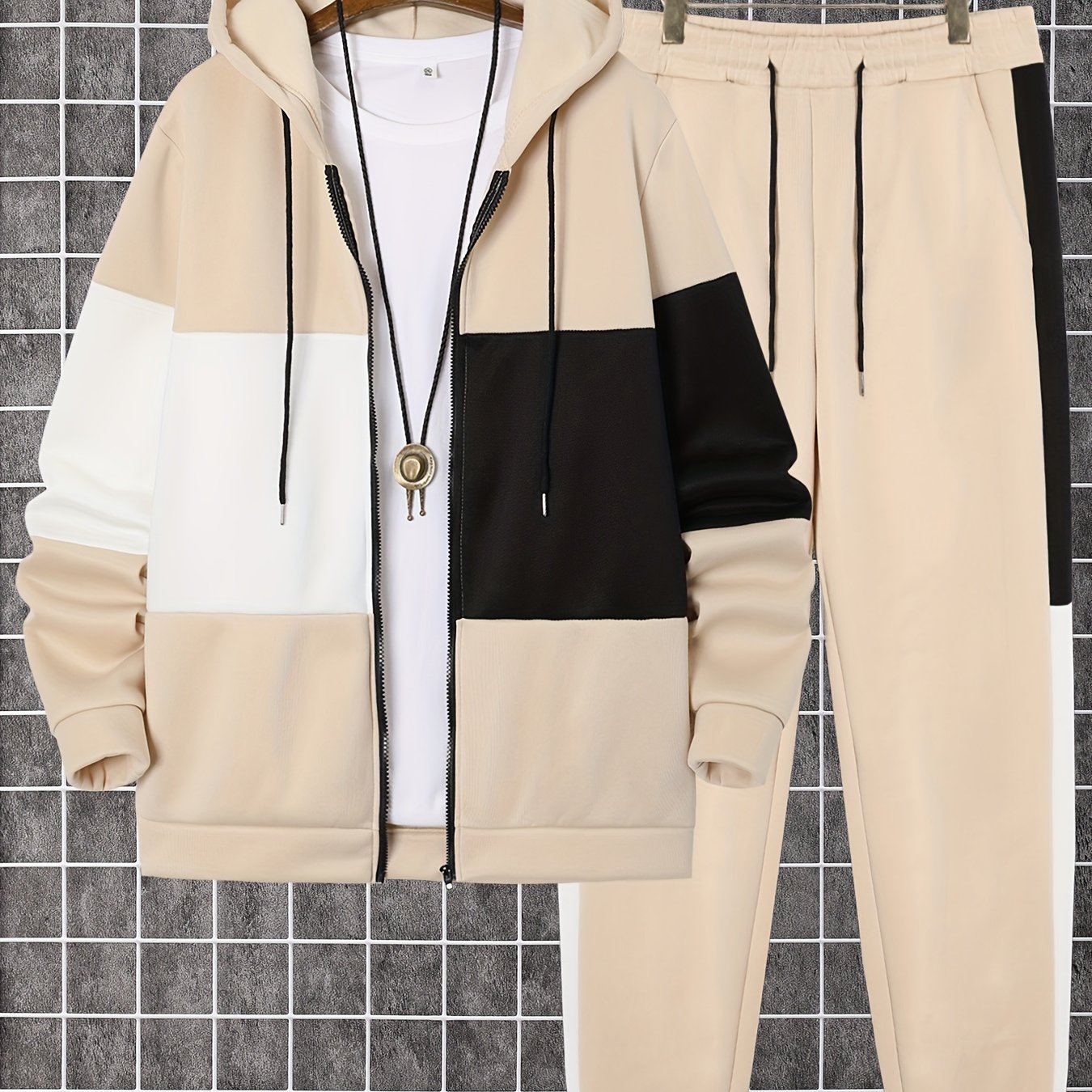 Men's Color Block Polyester Tracksuit with Hooded Zip Up Hoodie and Jogging Pants for Gym and Running