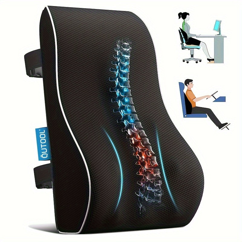 Ergonomic Memory Foam Lumbar Support Cushion for Office Chairs Back Posture Correction Adjustable Strap Black
