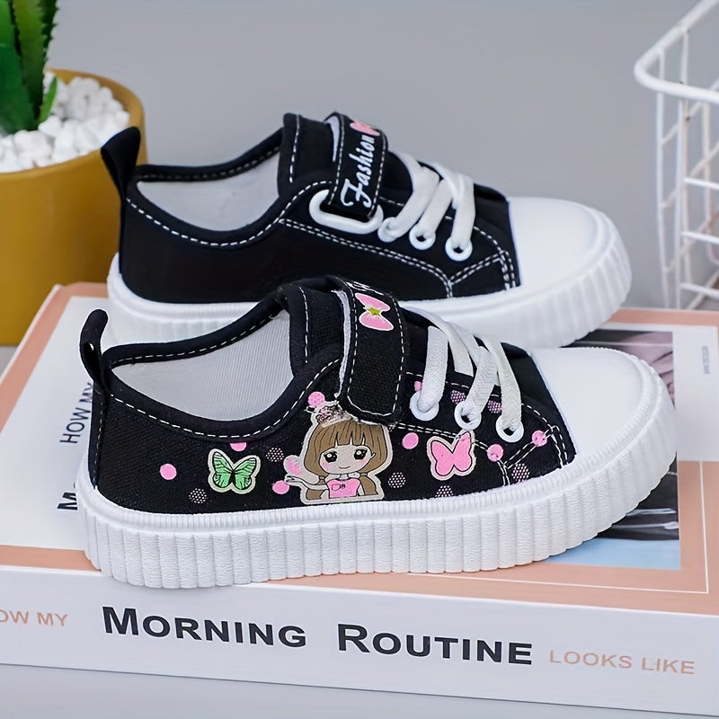 Girls' Canvas Sneakers Pink Black Butterfly Girl Low Top Breathable Casual Shoes