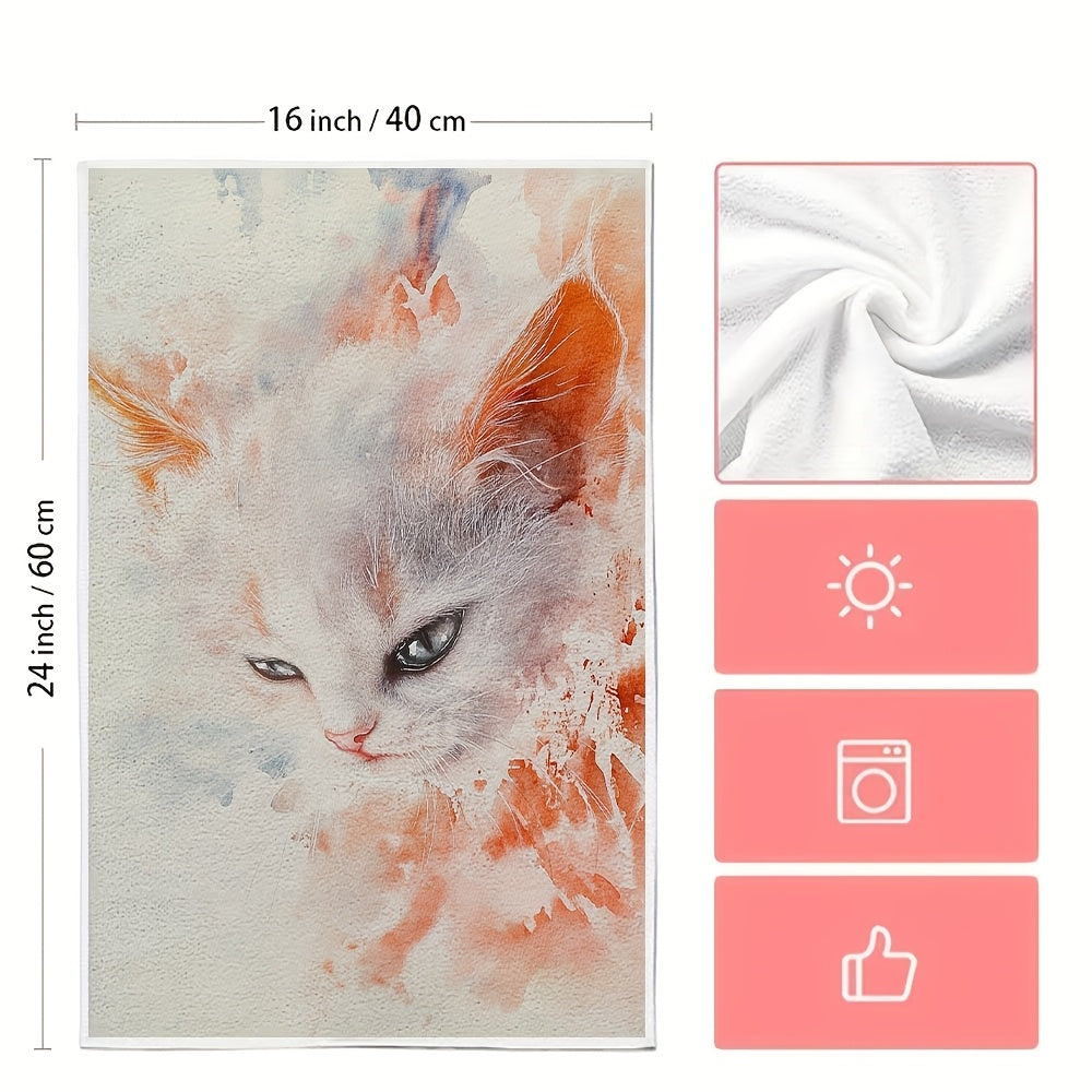 Set of 2 Soft Kitchen Towels with Kitten Design, Absorbent, Colorful Watercolor, 16x24 Inches