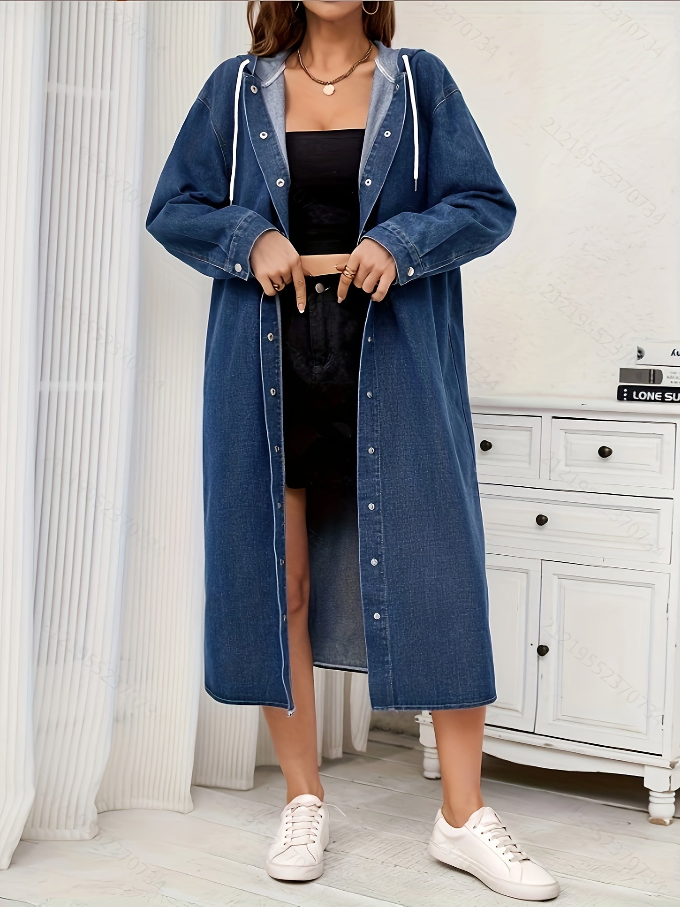 Женская элегантная длинная джинсовая куртка Morin с капюшоном - свободный повседневный фасон с застежкой на пуговицы, капюшоном на шнурке, функциональными карманами, тканью из пряжи, верхняя одежда на весну/осень