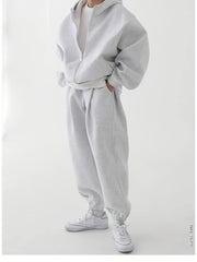 Men's Polyester Knit Hooded Sweatshirt and Pants Set Solid Color Loose Fit All-Season Loungewear