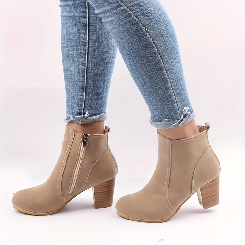 Women's Block Heel Short Boots Casual Side Zipper Ankle Booties