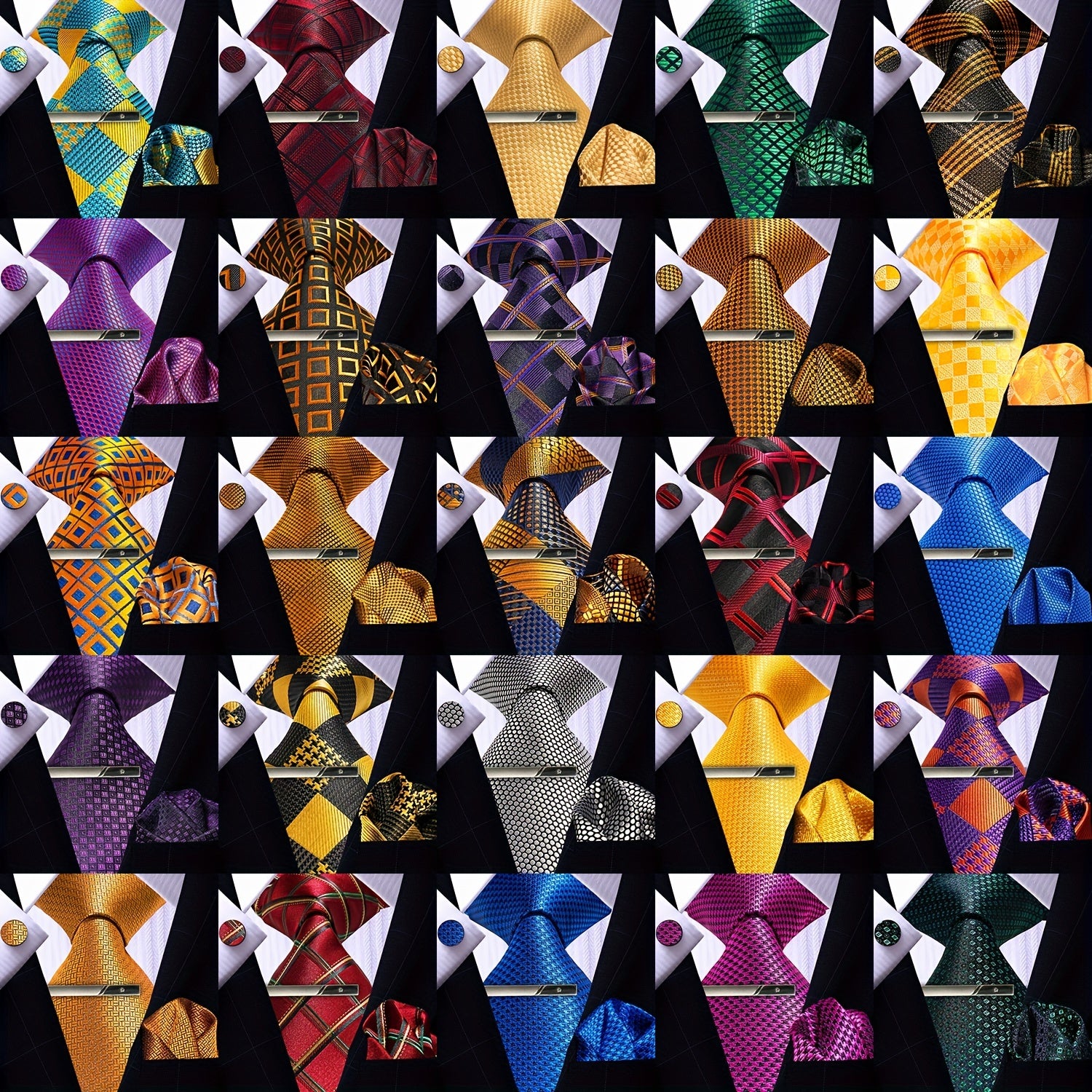 Men's Plaid Tie Pocket Square Cufflinks and Clip Set