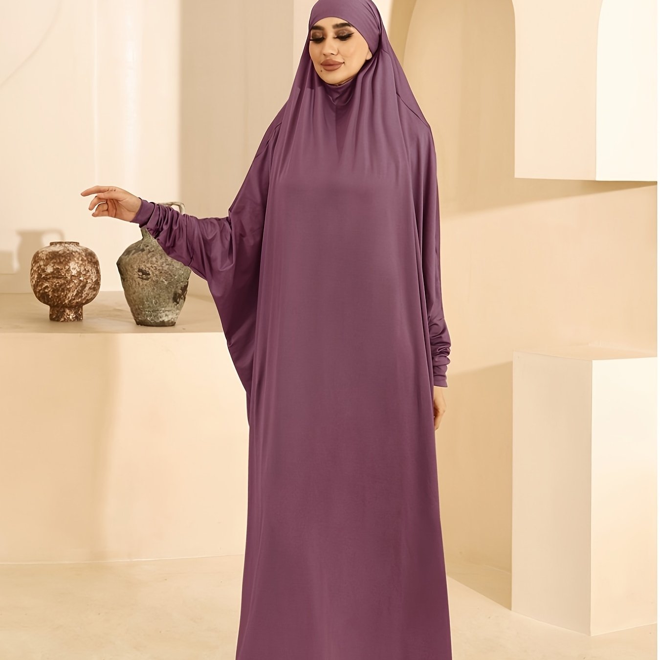 Plus Size Women Jersey Ramadan Abaya Batwing Sleeve Solid Color Islamic Dress