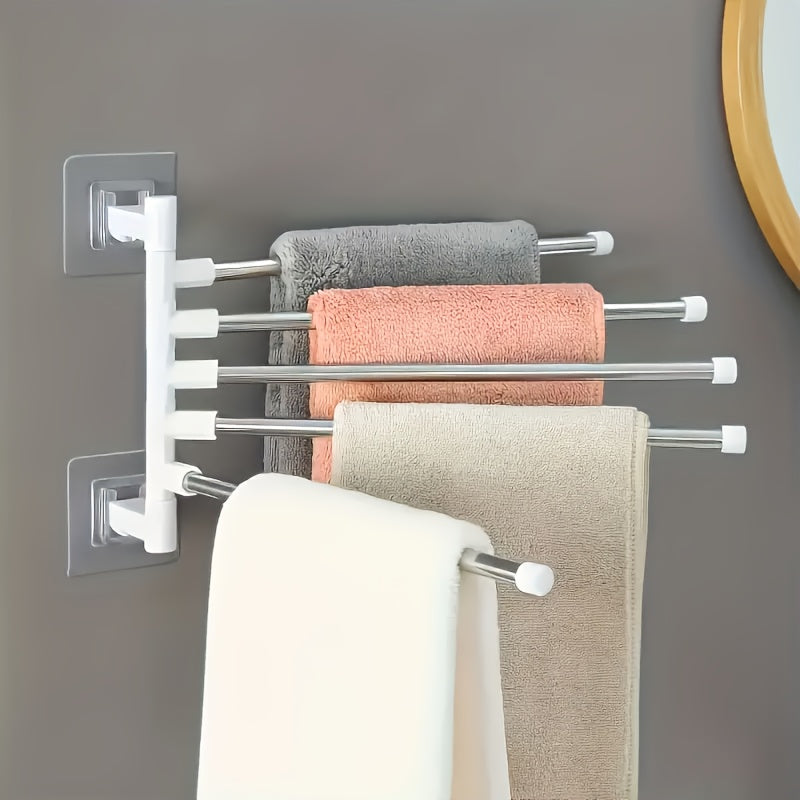 Stainless Steel Wall-Mounted Towel Rack with Rotating Hooks and Suction Shelf