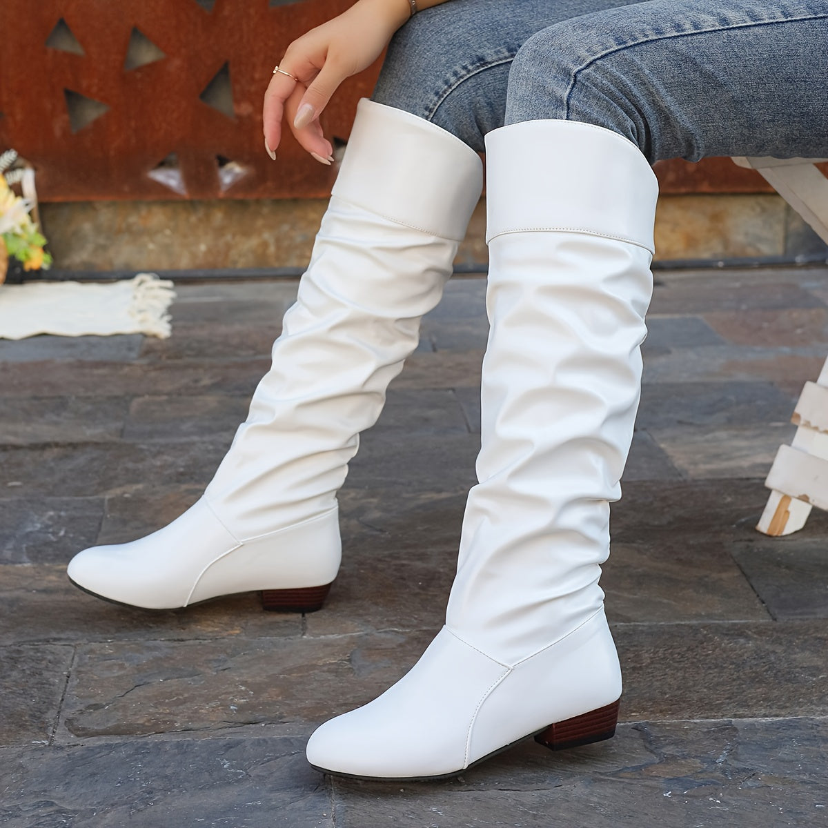 Women's Solid Color Chunky Heel High Knee Winter Boots