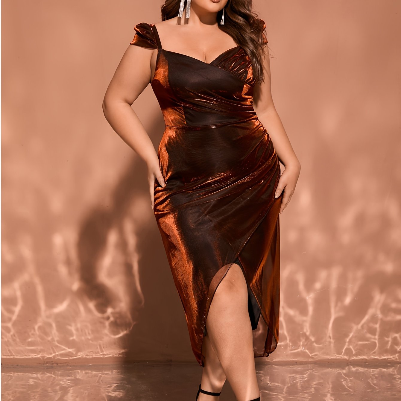 Plus Size Ombre Ruched Dress Women Cap Sleeve Asymmetrical Hem