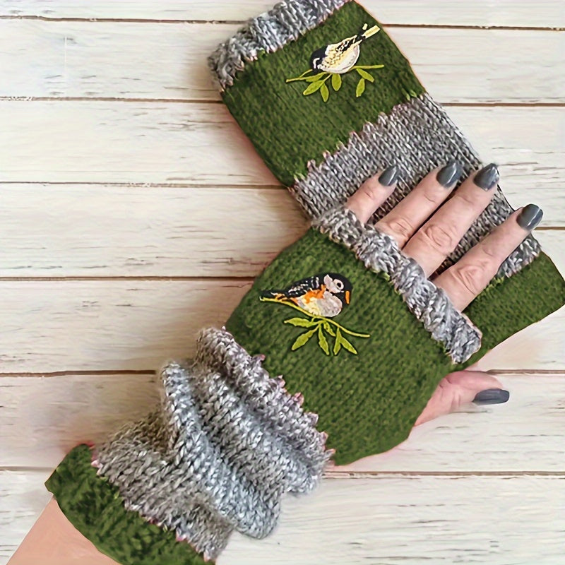 Warm Fingerless Gloves with Double Color Block Design and Hummingbird Embroidery