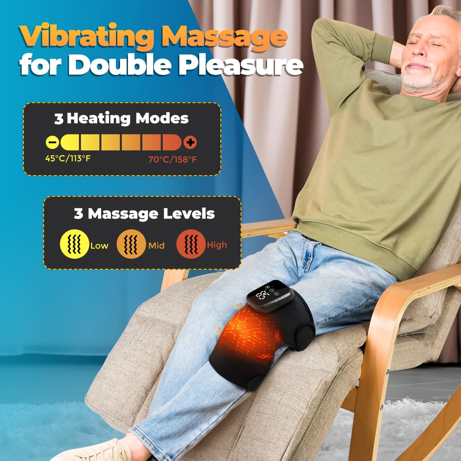 Cordless Knee Massager with 3 Heat Levels Vibration LED Touchscreen Auto-Off Timer