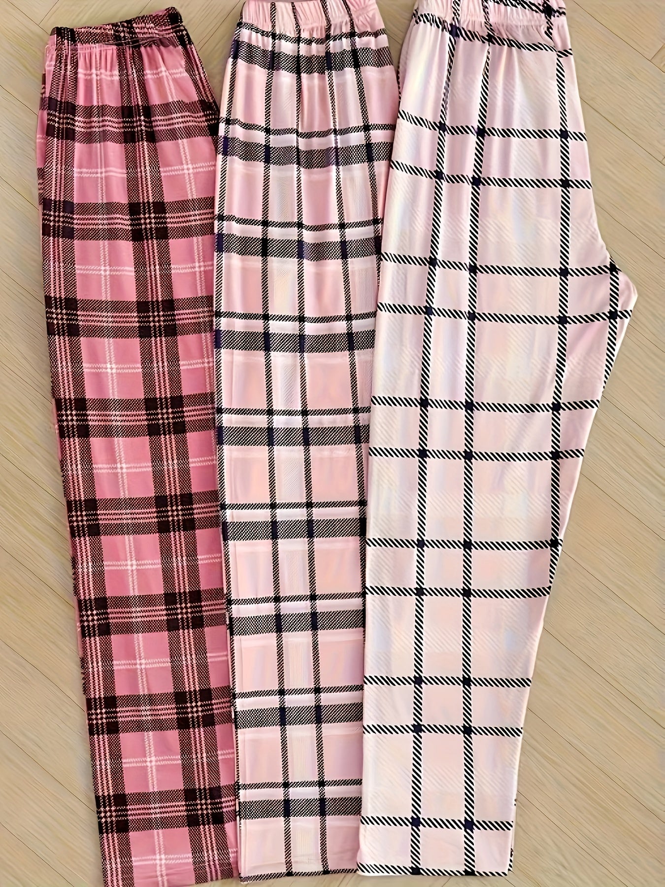 Pantalones de pijama de cuadros rosas y blancos para mujer con cintura elástica para comodidad en todas las estaciones