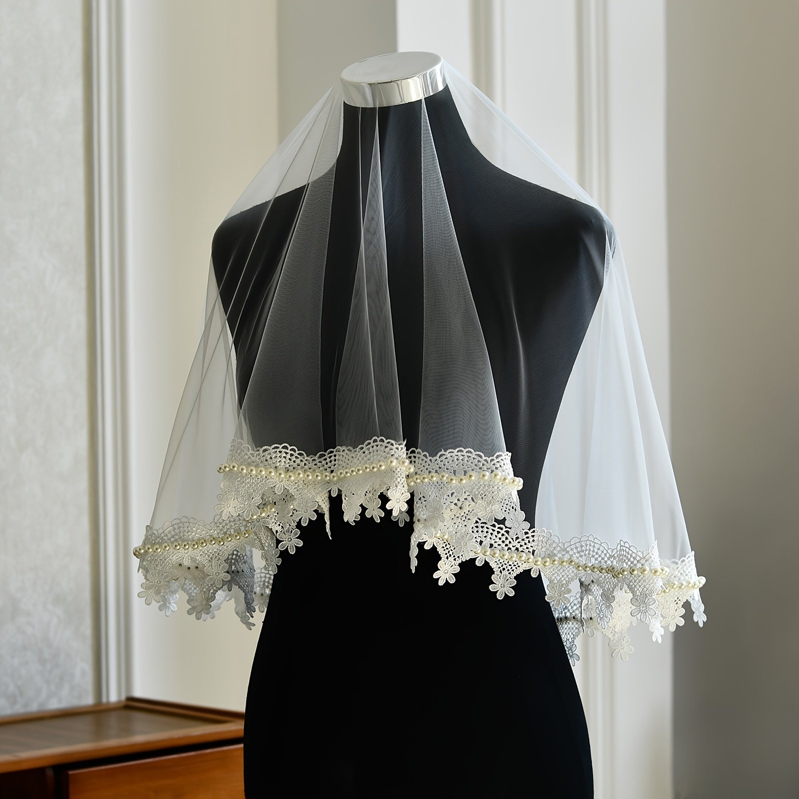 Bridal Lace Veil Wedding Dress Hair Accessories Single Layer Beaded Detail