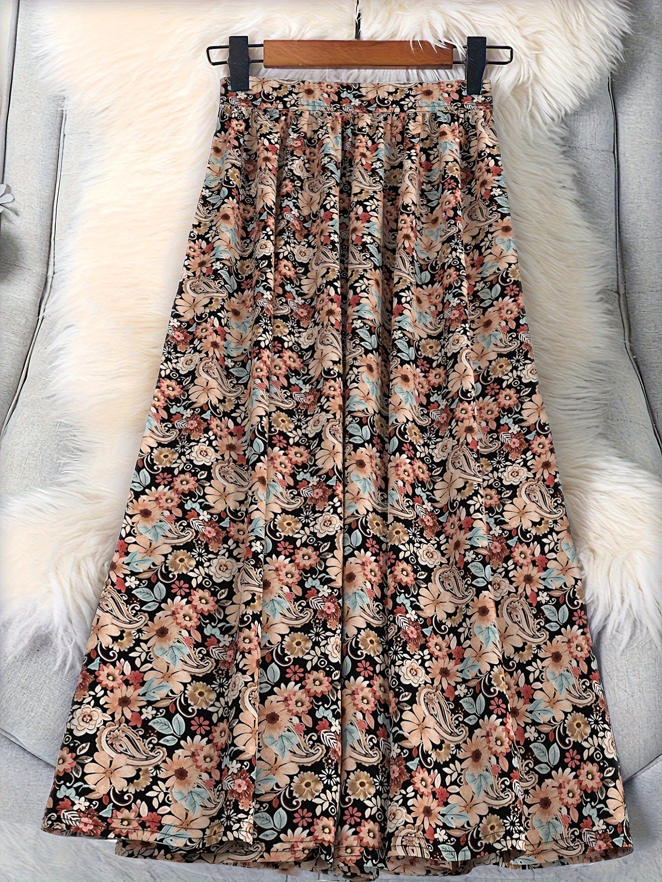 Women's Flared Floral Print Skirt Lightweight Beige Casual Summer Fall