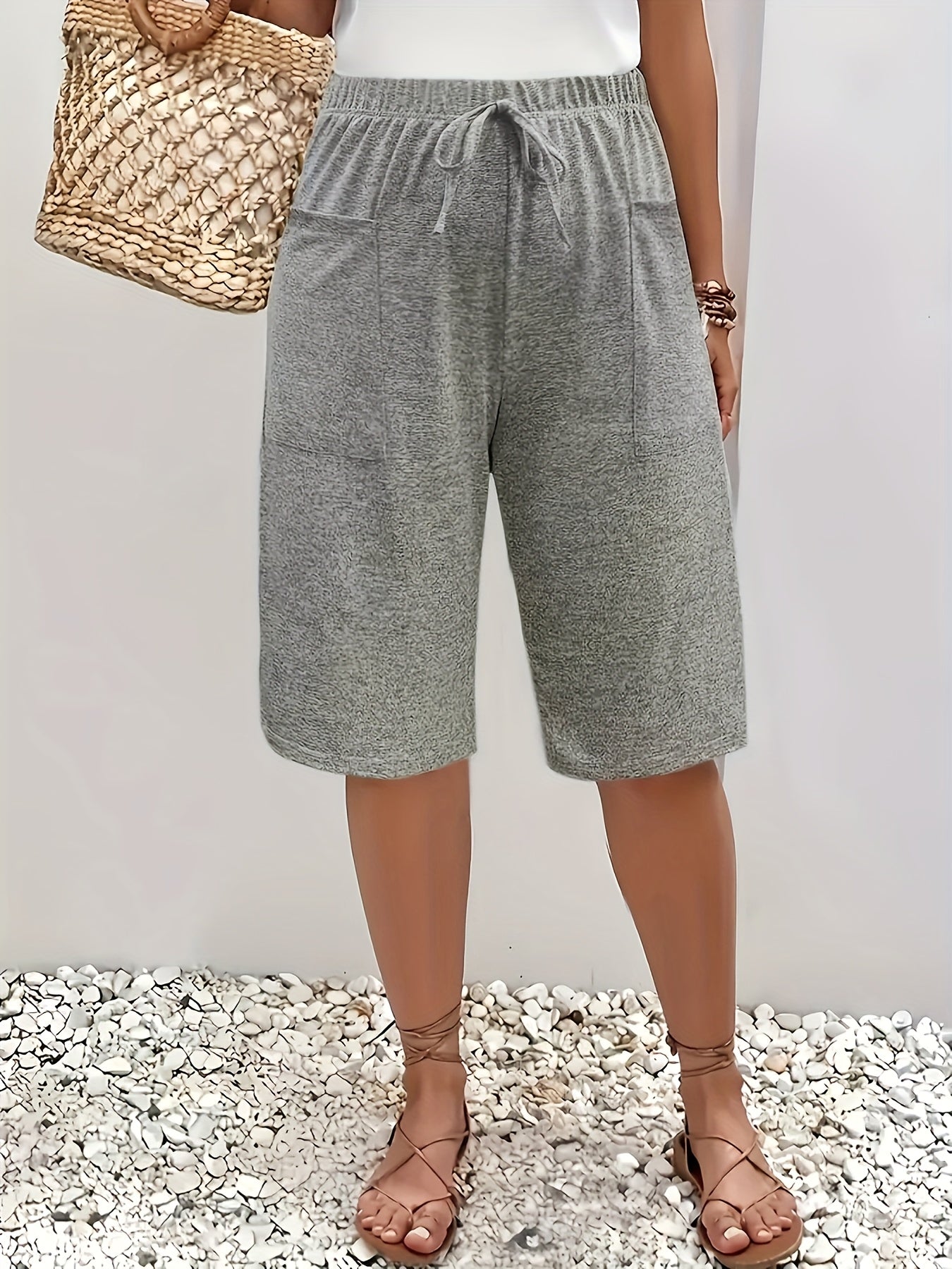 Pantalones casual de talla grande para mujer hasta el muslo con bolsillos, pack de 2, negro y gris