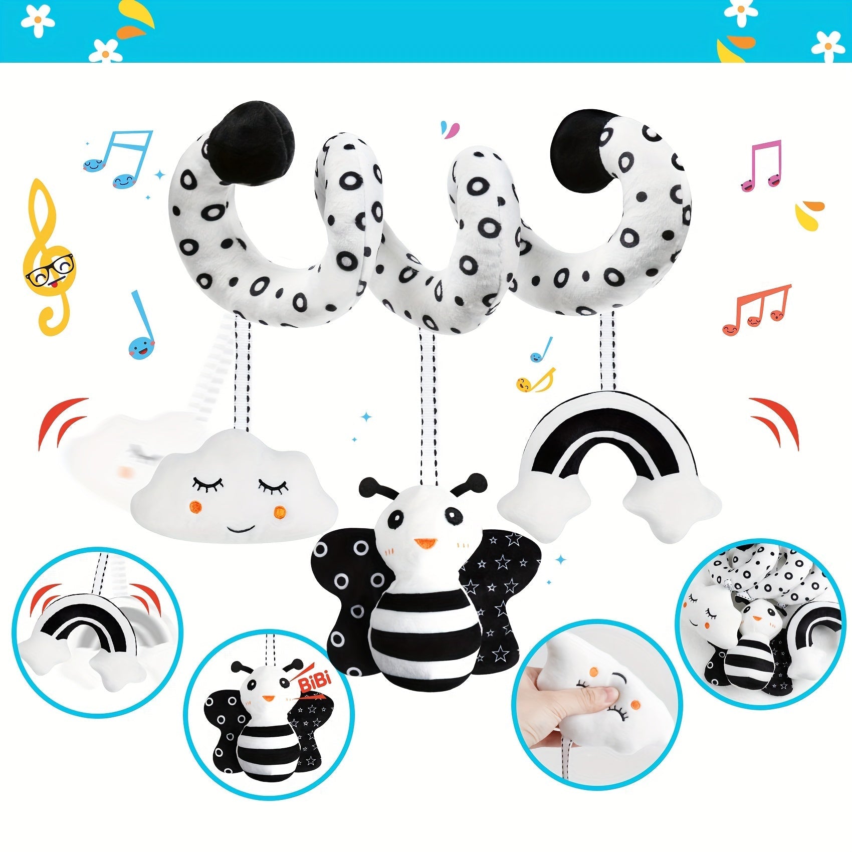 Newborn Black and White High Contrast Spiral Baby Activity Toy for Bed Crib Stroller