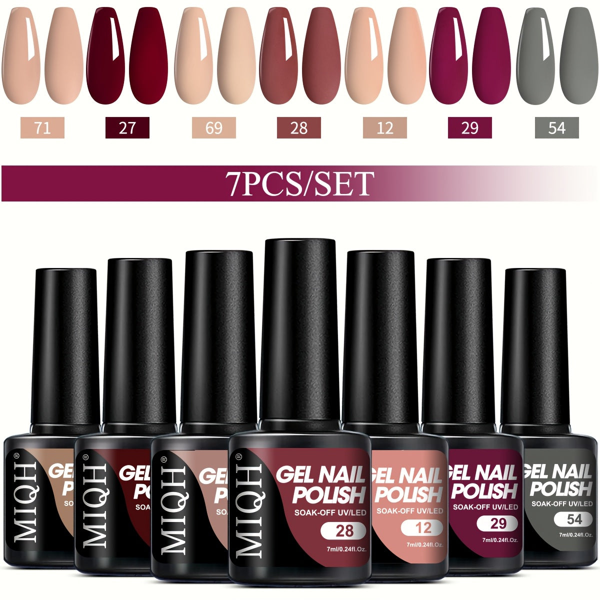 7-Piece Gel Nail Polish Set Black White Nude Semi-Permanent UV LED Soak Off