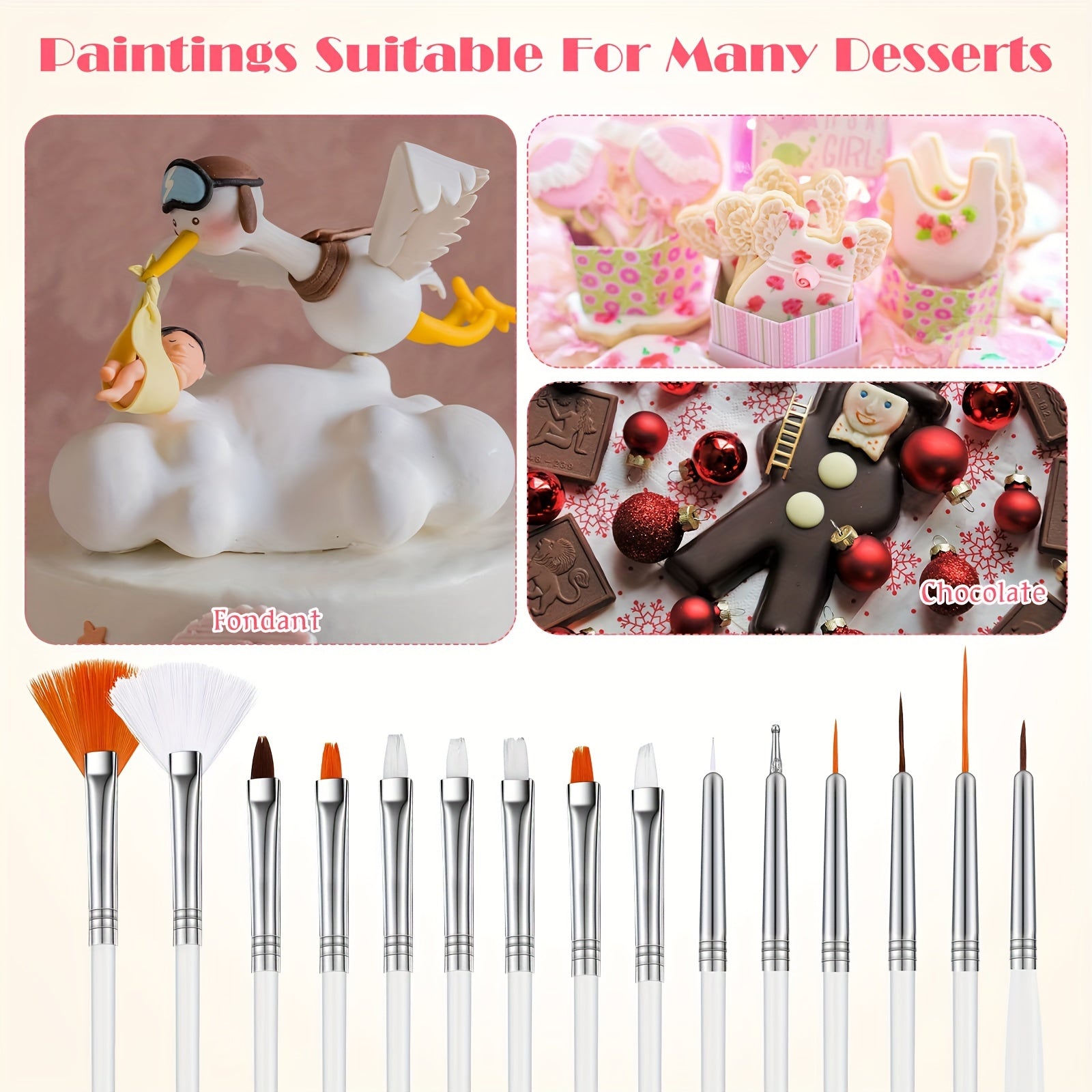 15 ta tort bezash cho'tkasi to'plami tortlarni bo'yash va bezash uchun. Oziq-ovqat bo'yoq cho'tkasi, fondant cho'tkasi, pechene cho'tkalari va muzli pishiriq cho'tkasi kiradi. Pishirish va DIY loyihalari uchun mukammal. Tort bezash va bo'yash uchun ideal.