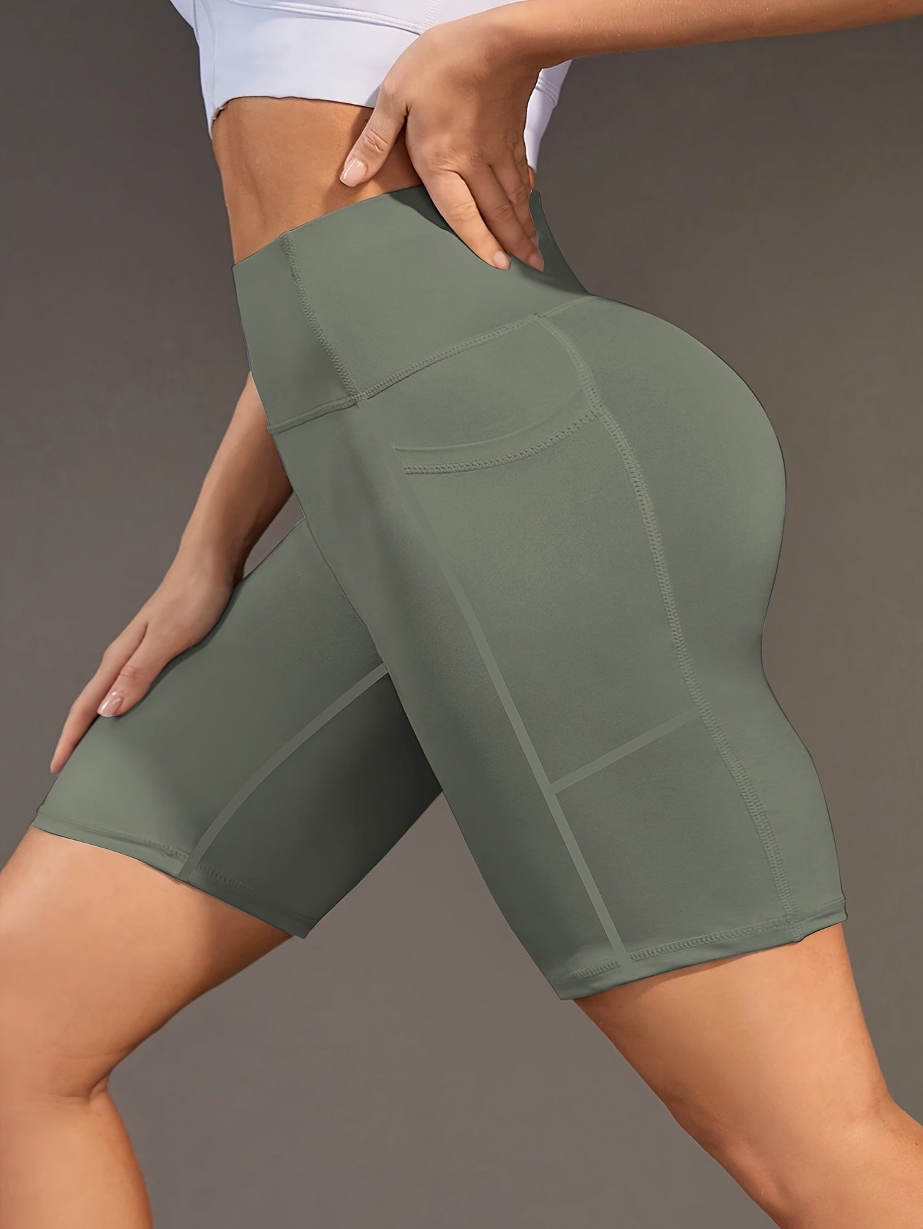 Ayollar uchun yoga shortlari, yuqori bel, cho'ntaklar, elastik to'qima, teal rang, fitnes, kundalik foydalanish