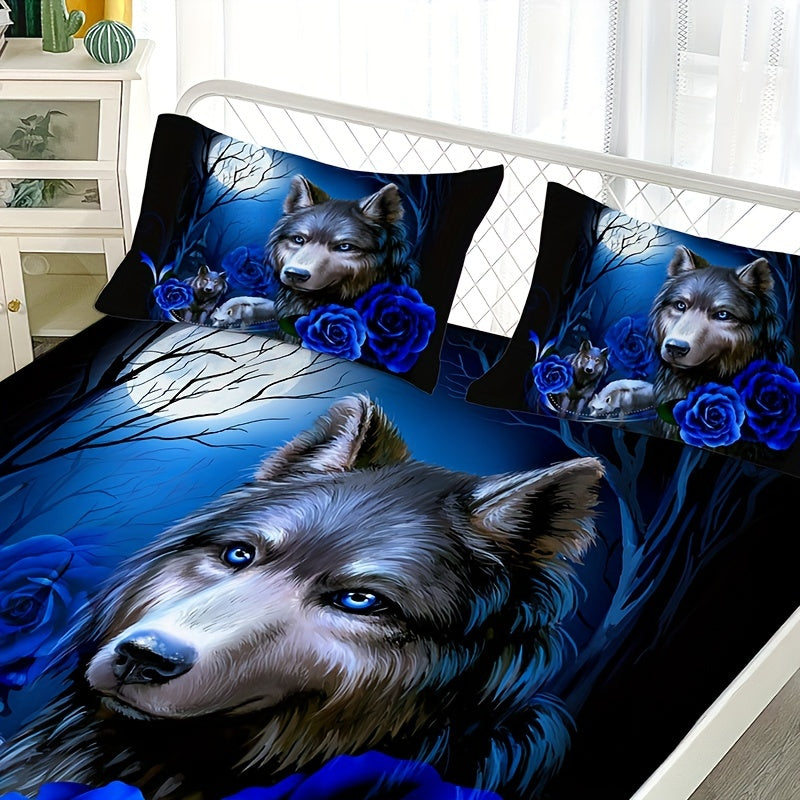 Conjunto de ropa de cama de lobo místico y rosa azul con sábana ajustable y fundas de almohada, impresión digital para todas las estaciones