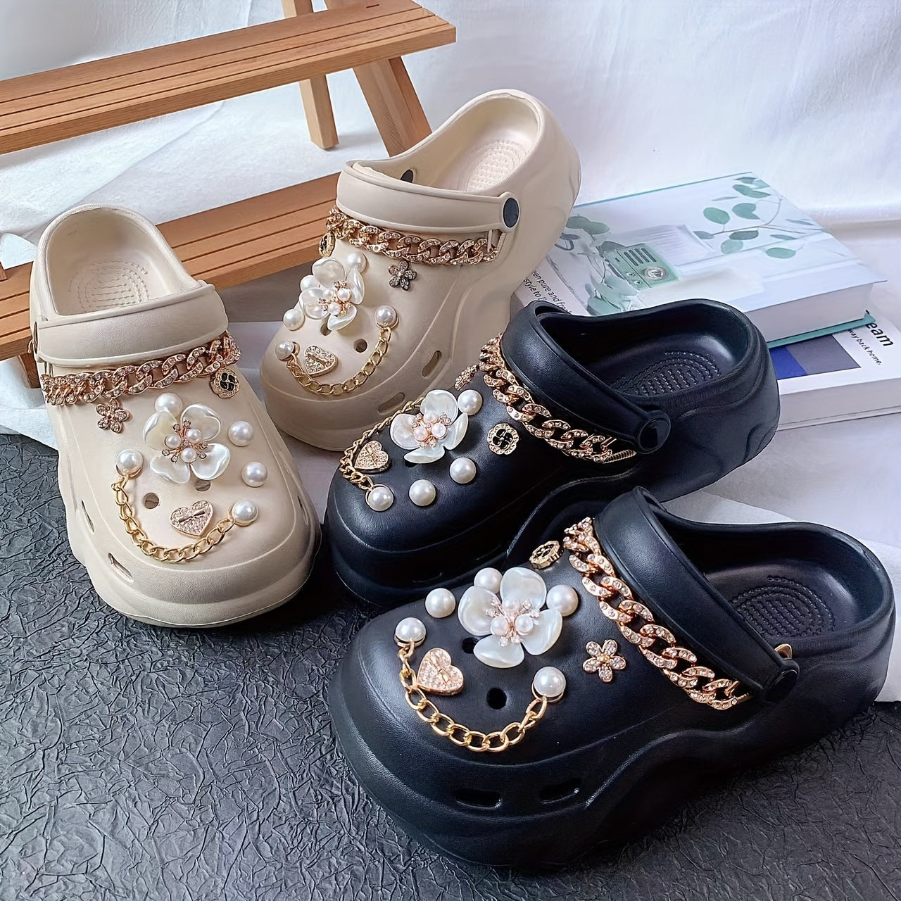 Women EVA Sandals Flat Heel Lightweight Breathable with Faux Pearl