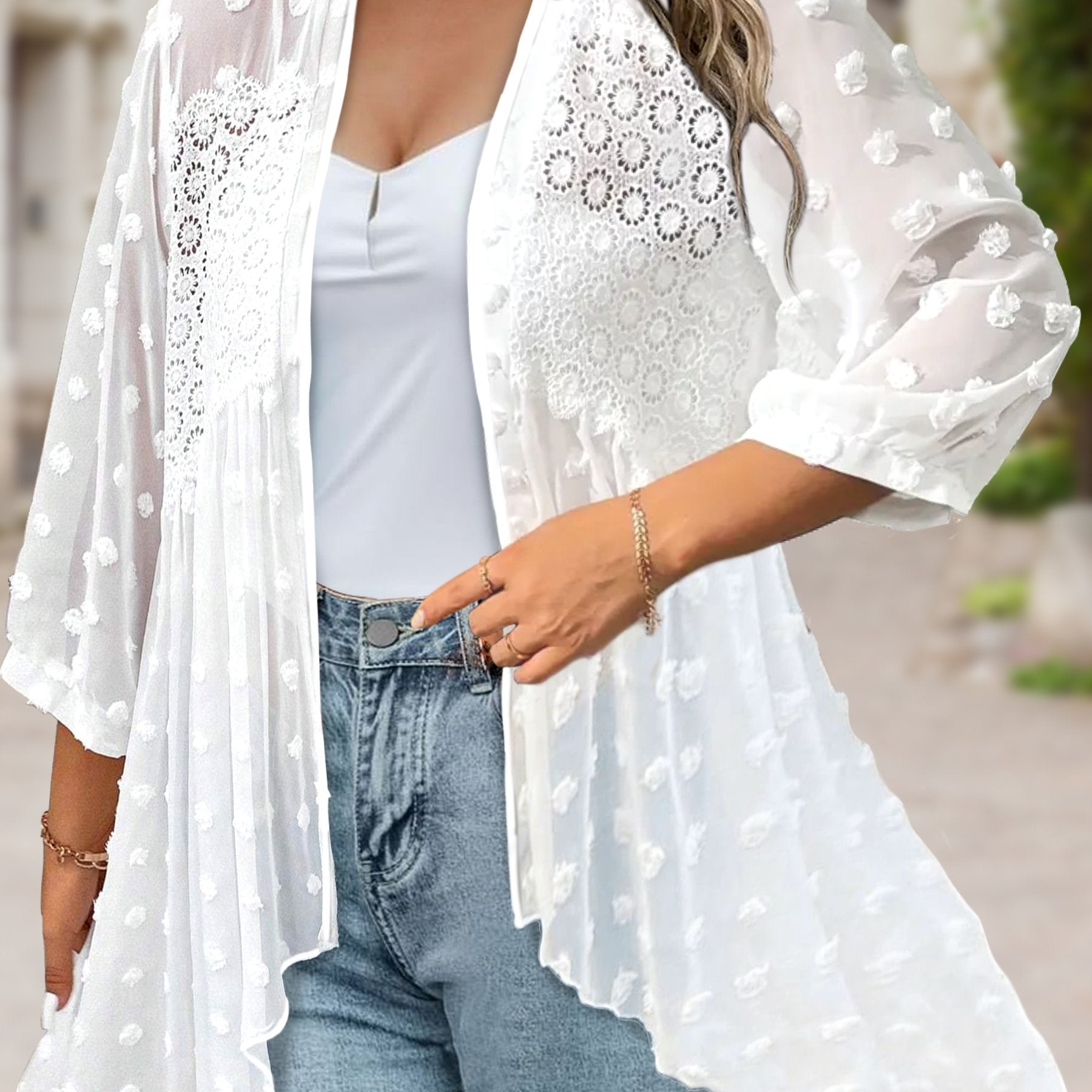 Plus Size Women's Lace Stitching Open Front Kimono Spring Fall Vacation 3/4 Sleeve