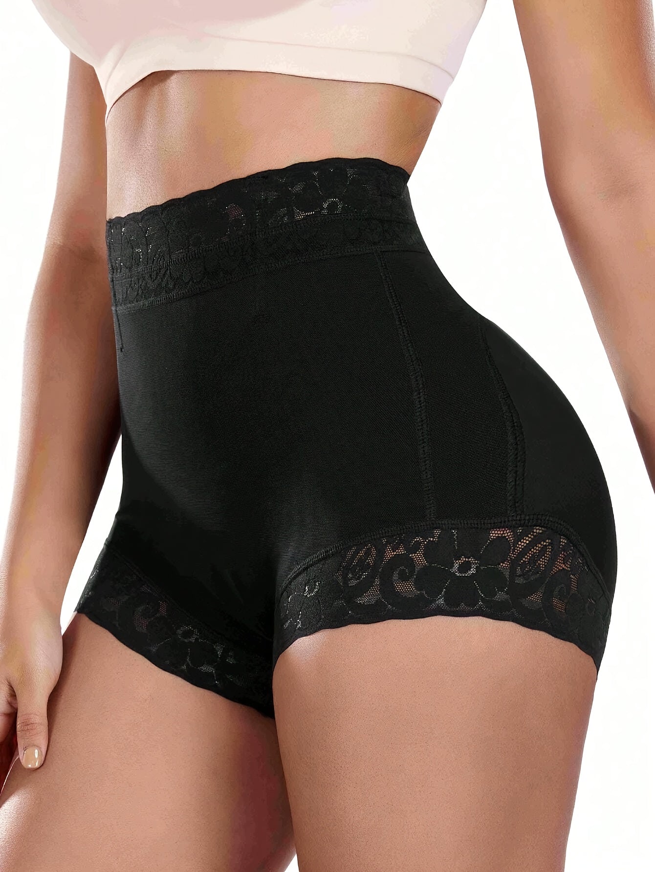 Women's High-Waist Black Shaping Shorts with Lace Detail Tummy Control Butt Lift