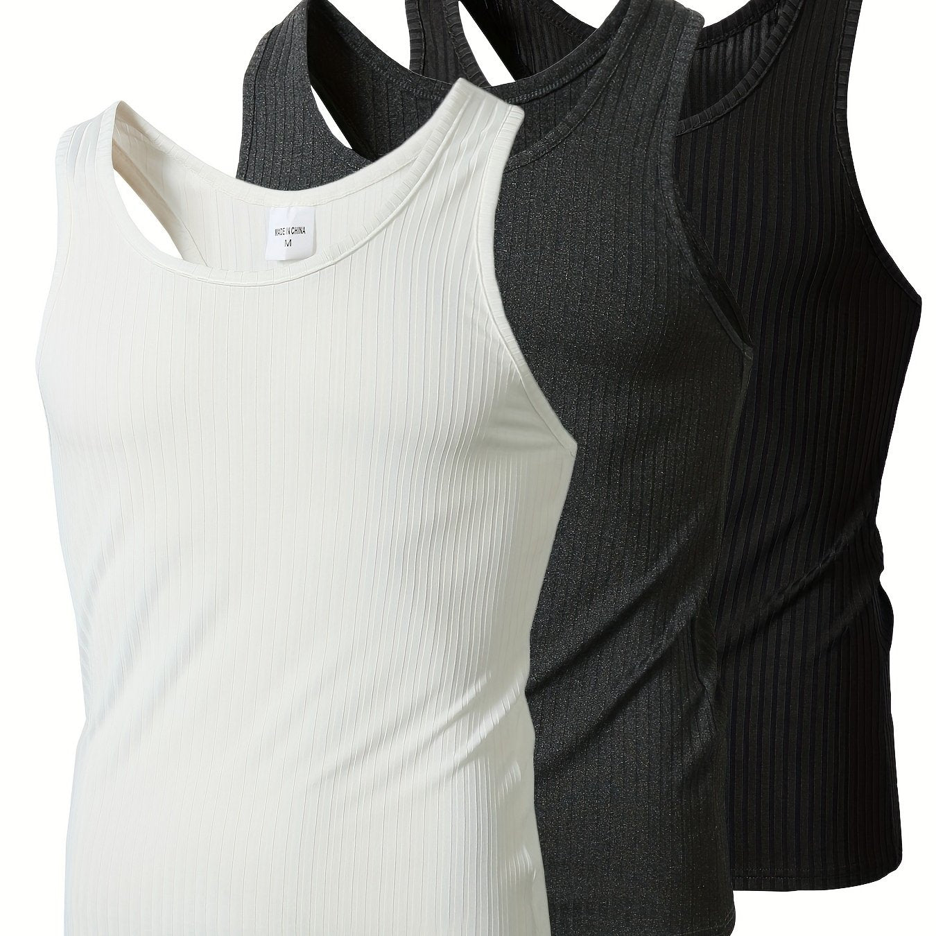 Men's Knitted Vertical Stripe Tank Top Set of 3 Polyester Sleeveless Sports Casual