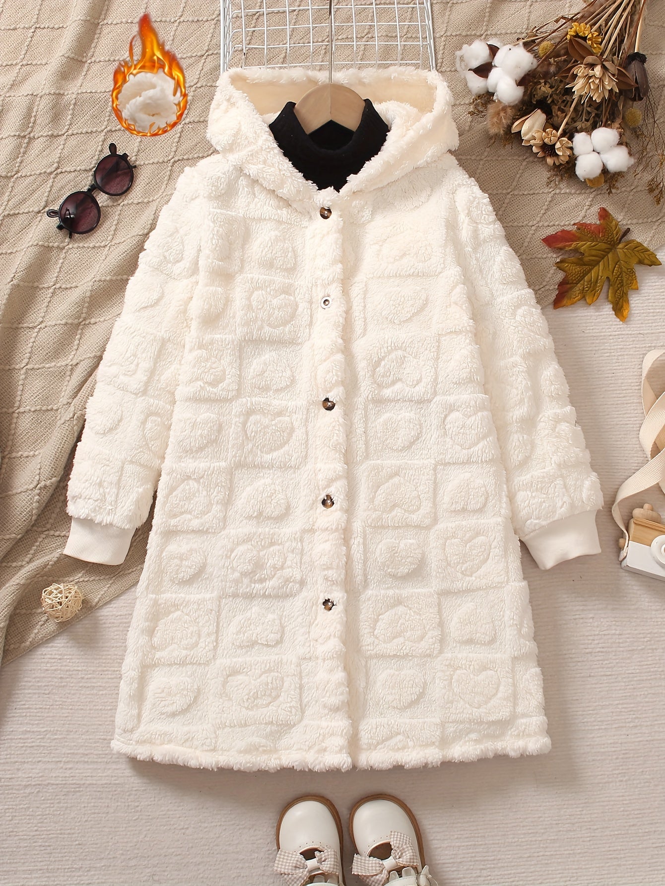 Girls' Fleece-Lined Hooded Jacket Solid Color Knee-Length Fall Winter Casual Regular Size