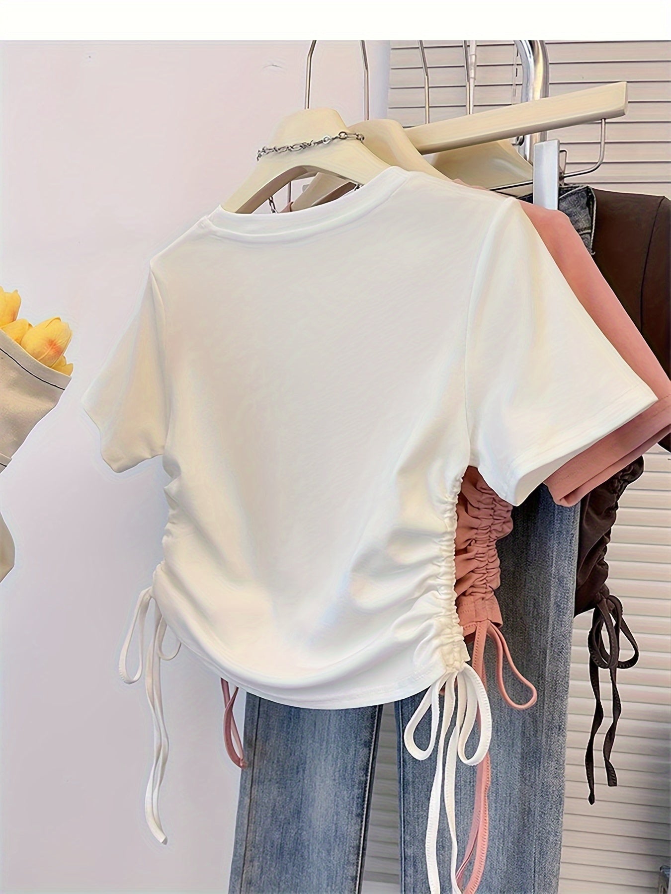 Women's Heart Print Crop Top Short Sleeve Drawstring Summer T-Shirt