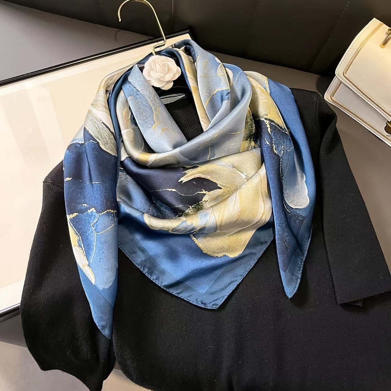 Women's Blue Satin Square Scarf with Print, Summer Sun and Wind Protection